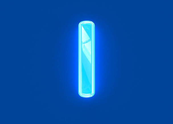 Blue polished neon light glass made transparent alphabet - letter I isolated on dark blue background, 3D illustration of symbols - Foto, Imagen
