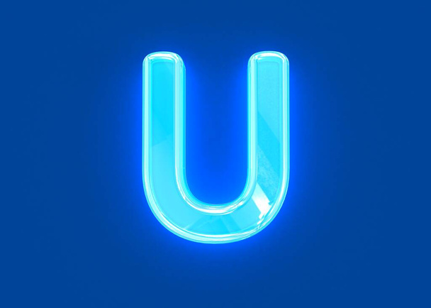 Blue shiny neon light reflective crystal font - letter U isolated on dark blue background, 3D illustration of symbols - Foto, Imagem