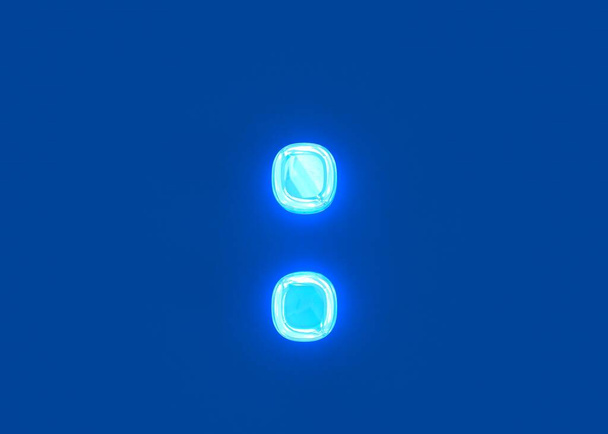 Blue shine neon light reflective crystal alphabet - colon isolated on dark blue background, 3D illustration of symbols - 写真・画像