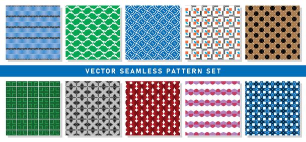 Vector nahtlose Muster Textur Hintergrundset mit geometrischen Formen in den Farben blau, grün, weiß, orange, schwarz, grau, braun, rot und violett. - Vektor, Bild