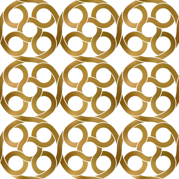 Fondo de patrón repetible abstracto de tiras retorcidas doradas. Muestra de bandas circulares entrelazadas de oro. Patrón sin costuras en estilo moderno. - Vector, Imagen