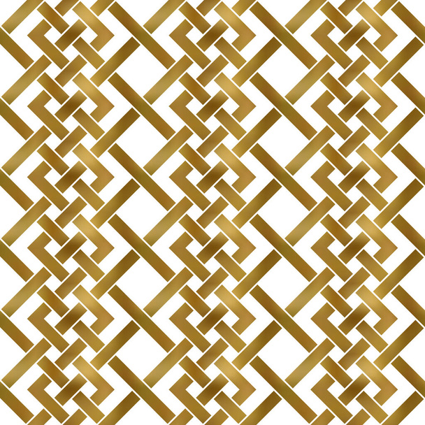 Αφηρημένο επαναλαμβανόμενο μοτίβο φόντο των χρυσών στριμμένων ταινιών. Swatch από χρυσό συνυφασμένο ζιγκ-ζαγκ και ευθείες ταινίες. Σύγχρονη απρόσκοπτη μοτίβο. - Διάνυσμα, εικόνα