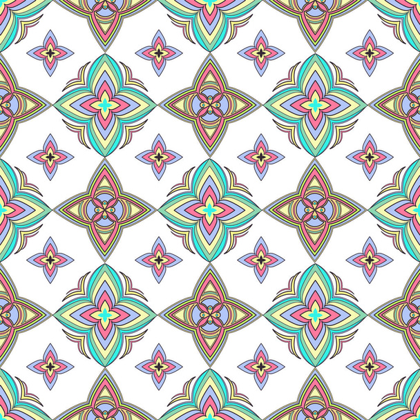 Abstract colorful ornament, oriental curve swirls seamless pattern with flowers and curl, openwork. Multicolored tracery on white background, for fabric design, wallpaper, print. Vector illustration - Fotoğraf, Görsel