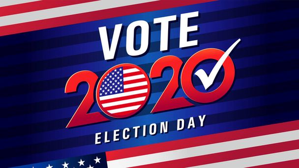 Ψηφίστε 2020 στις ΗΠΑ, μπλε ρίγες πανό με σημαία. Αμερικανικό πατριωτικό υπόβαθρο για την ημέρα των εκλογών. Συζήτηση για τις προεδρικές εκλογές. Πρότυπο διανυσματικής αφίσας ψηφοφορίας εκλογών - Διάνυσμα, εικόνα