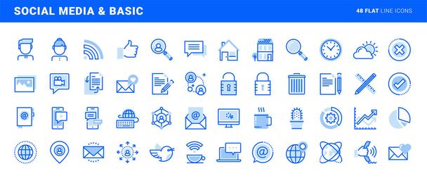 Set of social media and basic office flat line icons. Vector concepts for website and app design and development. - Vector, Image