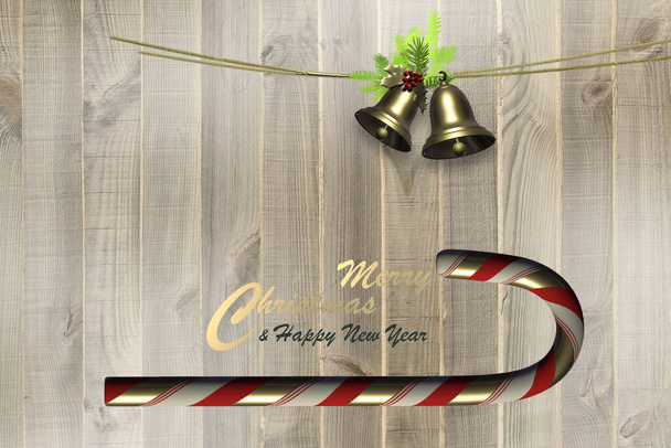 Karácsonyi újévi design fa háttér. Cukornád, arany harangok, fenyő ágak, arany szöveg Boldog karácsonyt Boldog új évet a fa táblán. 3D renderelés - Fotó, kép