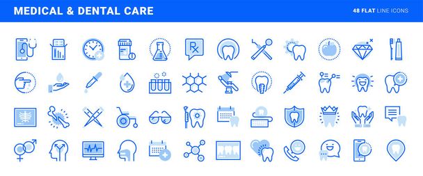 Conjunto de iconos de línea plana de atención médica y dental. Conceptos vectoriales para el diseño y desarrollo de sitios web y aplicaciones. - Vector, imagen