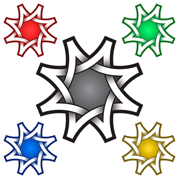 Osiem spiczasty wzór logo gwiazdy w stylu celtyckim. Symbol plemiennego tatuażu. Srebrny znaczek na wzór biżuterii oraz próbki kolorów czerwonego, zielonego, niebieskiego i złotego. - Wektor, obraz