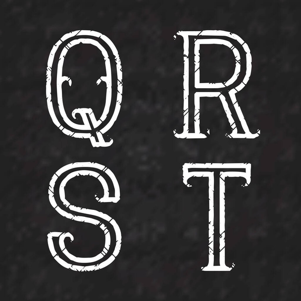 Q, R, S, T witte letters van shabby verf op een zwart marmeren oppervlak. Schets lettertype met barsten. Type in grunge stijl. - Vector, afbeelding