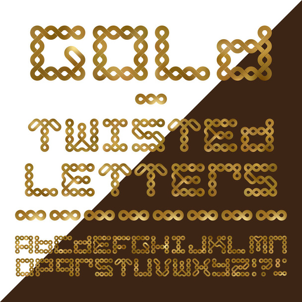 Golden twisted letters. Gold alphabet. Artistic font. - Vector, Image