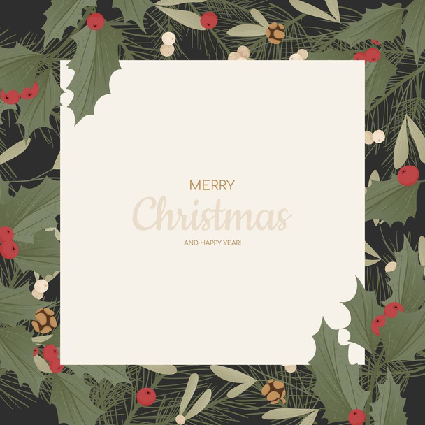 Background with realistic christmas tree branches, fir-cones, mistletoe and holly, ilex. - ベクター画像