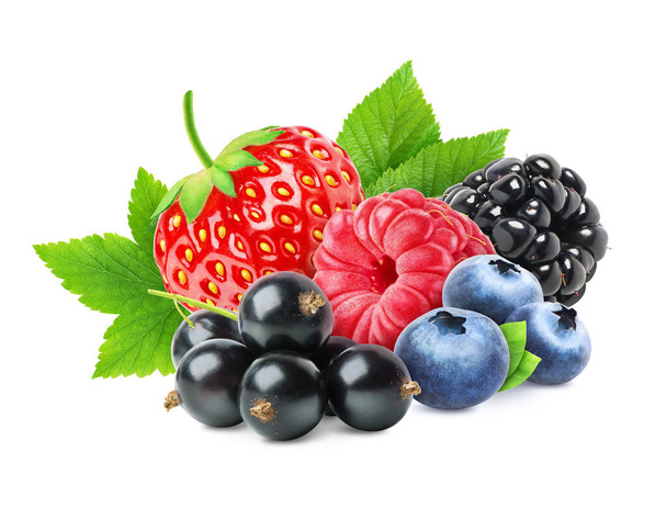 Berries mix isolated - strawberry, blueberry, currant, raspberry and blackberry on white background - Фото, зображення