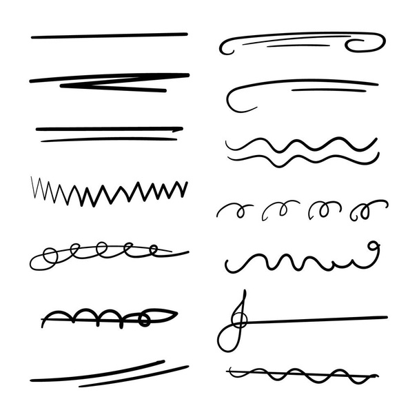 Conjunto de linhas feitas à mão, linhas de escova, sublinhados. Coleção desenhada à mão de estilo doodle várias formas. Linhas de Arte. Isolado em branco. Ilustração vetorial - Vetor, Imagem