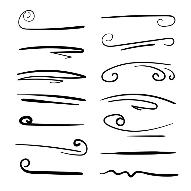 Joukko käsintehtyjä linjat, harja linjat, alleviivaa. Käsin piirretty kokoelma doodle tyyli eri muotoja. Taideviivoja. Eristetty valkoisella. Vektoriesimerkki - Vektori, kuva