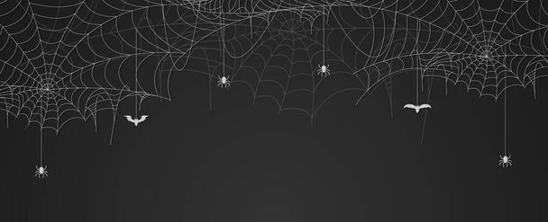 クモとコウモリがぶら下がっているクモの巣バナー、クモの巣の背景、コピースペース - ベクター画像
