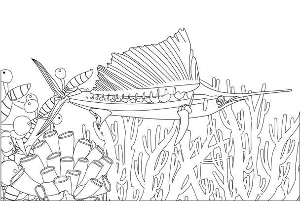 Fish exotic coloring. Antistress coloring page. Sea creatures. Ocean fish. illustration. - Photo, Image
