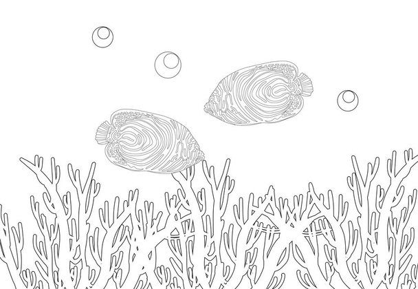 Colorazione esotica dei pesci. Pagina da colorare antistress. Creature marine. Pesci oceanici. illustrazione. - Foto, immagini
