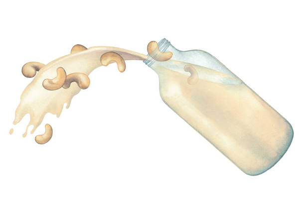 Akvarell alapú tej ömlött ki az üvegből egy csepp kesudió. - Fotó, kép