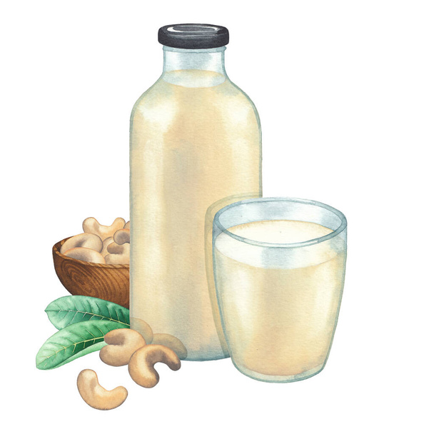 Bottiglia di vetro acquerello e tazza di latte a base vegetale decorato con anacardi e foglie. - Foto, immagini