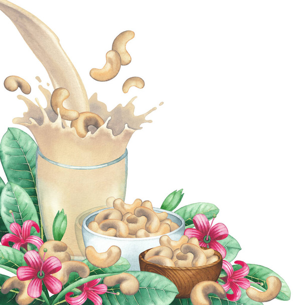 Aquarell pflanzliche Milch spritzt aus dem Glas, das mit Cashewnüssen, Blättern, Früchten und Blüten dekoriert ist. - Foto, Bild