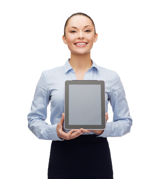 Businesswoman with blank black tablet pc screen - Foto, afbeelding