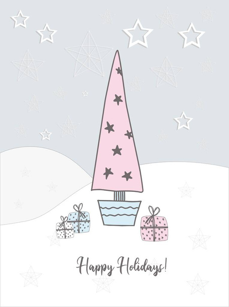 2021 szilveszteri üdvözlőlapja. Karácsonyfa. Téli kézzel húzott kártya. Boldog ünnepeket! - Fotó, kép
