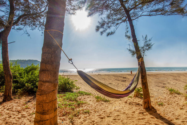 Amazing view of the beach and hammock between trees in South India(Karnataka state)  . Idyllic sunny  day in India in winter (+ 30  C)! - Foto, Imagen