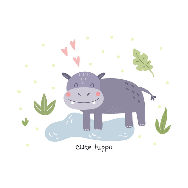 Funny cute hippo cartoon style. Vector print with lion. Printable templates. - Вектор,изображение