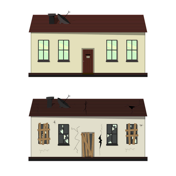 One-storey house before and after repair. Cartoon style. Vector illustration. - Wektor, obraz