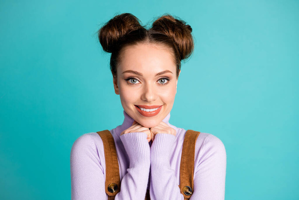 Photo of perfect sweet white teeth lady girlfriend meet handsome guy first date arms chin wear two lovely buns shiny lipstick violet warm autumn pullover isolated teal color background - Photo, image