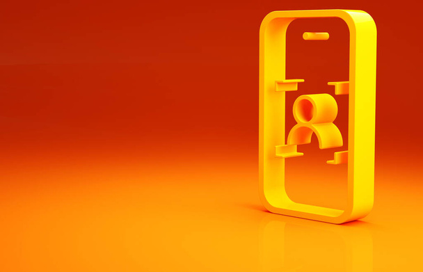 Teléfono móvil amarillo e icono de reconocimiento facial aislado sobre fondo naranja. Icono del escáner de identificación facial. Identificación facial. Ciberseguridad. Concepto minimalista. 3D ilustración 3D render. - Foto, Imagen