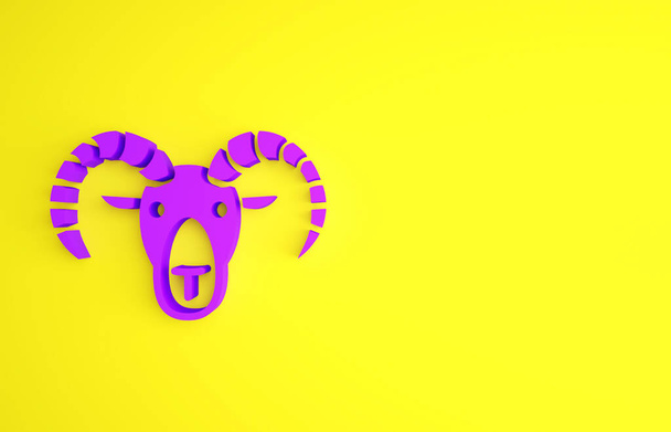 Lila A kecske vagy kos ikon sárga alapon elszigetelt feje. Hegyi bárány. Állati szimbólum. Minimalizmus koncepció. 3d illusztráció 3D render. - Fotó, kép