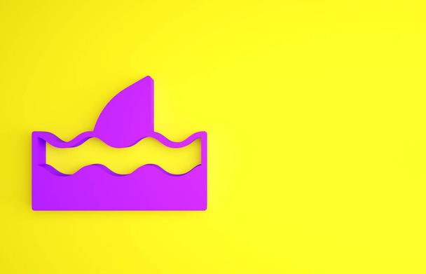 Фиолетовый плавник акулы в иконке океанской волны выделен на желтом фоне. Концепция минимализма. 3D-рендеринг. - Фото, изображение