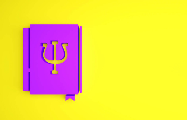 Lila pszichológia könyv ikon elszigetelt sárga alapon. Pszi szimbólum. Mentális egészség koncepció, pszichoanalízis és pszichoterápia. Minimalizmus koncepció. 3d illusztráció 3D render. - Fotó, kép
