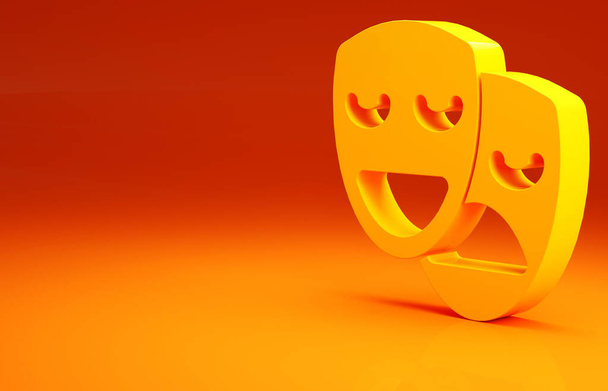 Жовта комедія та трагедія театральні маски ізольовані на помаранчевому фоні. Концепція мінімалізму. 3D ілюстрація 3D рендеринга
. - Фото, зображення