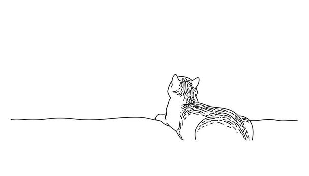 Il gatto da tavolo si siede con la schiena girata e alza lo sguardo con attenzione. Immagine grafica animale domestico di un animale divertente. Silhouette vettoriale disegnata a mano con linee. Personaggio cartone animato per logo. Sfondo con spazio vuoto sulla parte superiore - Vettoriali, immagini