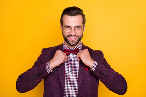 Photo of handsome rich clothes wealthy guy successful business man hands pockets party look well-dressed wear plaid shirt blazer isolated yellow bright vivid color background - Foto, Imagen