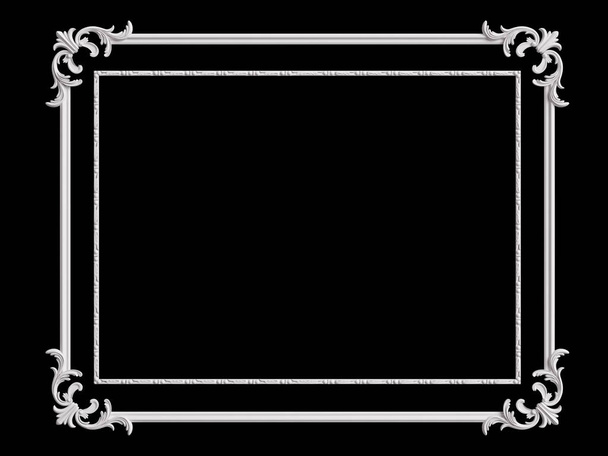 Marco blanco clásico con decoración de adorno aislado sobre fondo negro. Ilustración digital. renderizado 3d - Foto, imagen