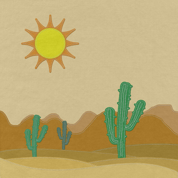 Cactus in the desert with stitch style on fabric background - 写真・画像