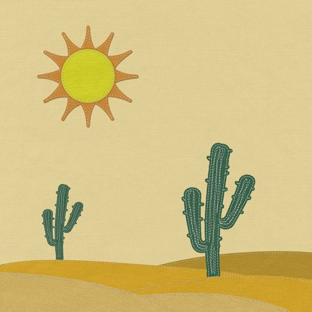 Cactus in the desert with stitch style on fabric background - Фото, зображення