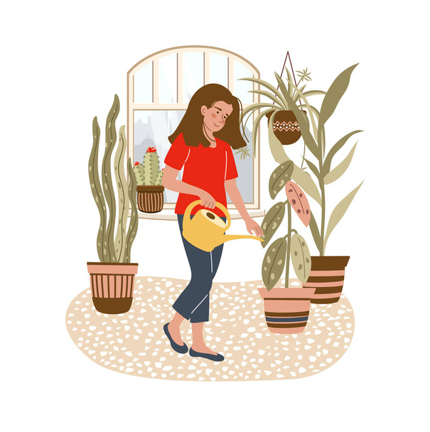 Mosolygó lány kezében egy öntözőkanna és öntözés virágok otthon az ablak hátterében. Kertészkedés vagy növénytermesztés. Boldog emberek otthon. Vektor illusztráció lapos stílusban - Vektor, kép