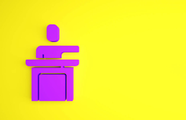 Фіолетова піктограма динаміка ізольована на жовтому тлі. Оратор виступає з трибуни. Публічна промова. Людина на подіумі. Концепція мінімалізму. 3D ілюстрація 3D рендеринга
. - Фото, зображення