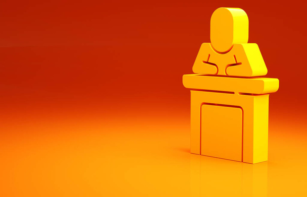 Icono de altavoz amarillo aislado sobre fondo naranja. Orador hablando desde tribuna. Discurso público. Persona en el podio. Concepto minimalista. 3D ilustración 3D render. - Foto, Imagen