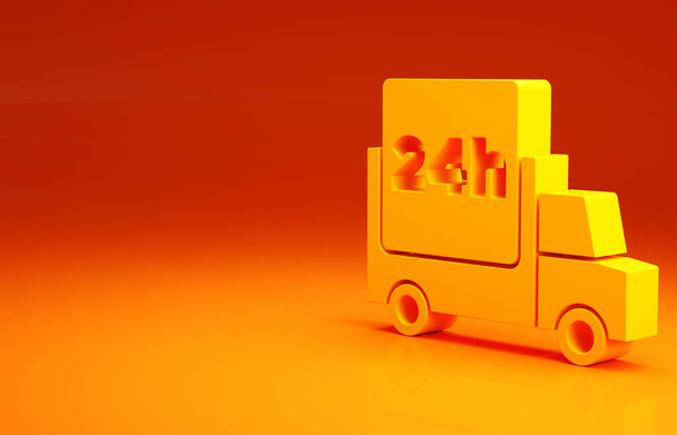 Sárga Gyors éjjel-nappal szállítás autóval ikon elszigetelt narancs háttér. Minimalizmus koncepció. 3d illusztráció 3D render. - Fotó, kép