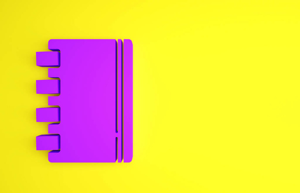 Purple Notebook pictogram geïsoleerd op gele achtergrond. Spiraal notitieblok icoon. Schoolschrift. Schrijfblok. Dagboek voor school. Minimalisme concept. 3d illustratie 3D renderen. - Foto, afbeelding