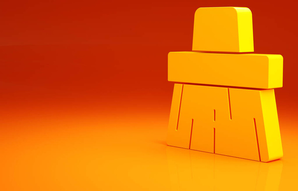 Жовта піктограма ручки мітла ізольована на помаранчевому фоні. Концепція прибирання. Концепція мінімалізму. 3D ілюстрація 3D рендеринга
. - Фото, зображення