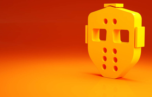 Icono de máscara de hockey amarillo aislado sobre fondo naranja. Feliz fiesta de Halloween. Concepto minimalista. 3D ilustración 3D render. - Foto, Imagen