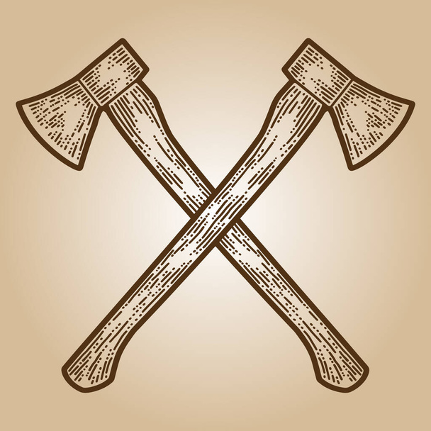 Crossed axes engraving sketch scratch board imitation. Sepia hand drawn image. - Vector, Image