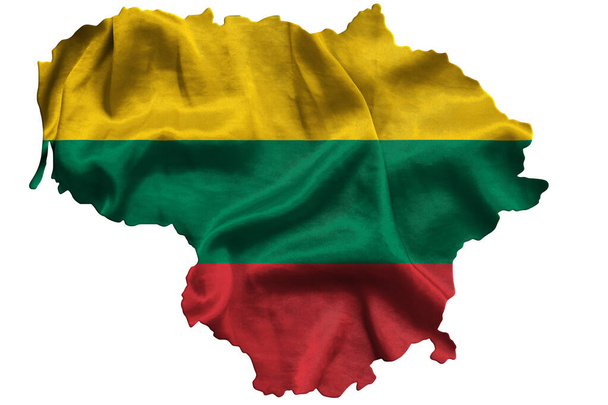 ondeando la bandera textil de Lituania llena el mapa del país. Fondo aislado blanco, ilustración 3d - Foto, imagen