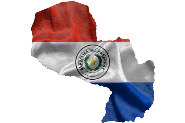 Waving textile flag of Paraguay fills country map. White isolated background, 3d illustration. - Photo, Image